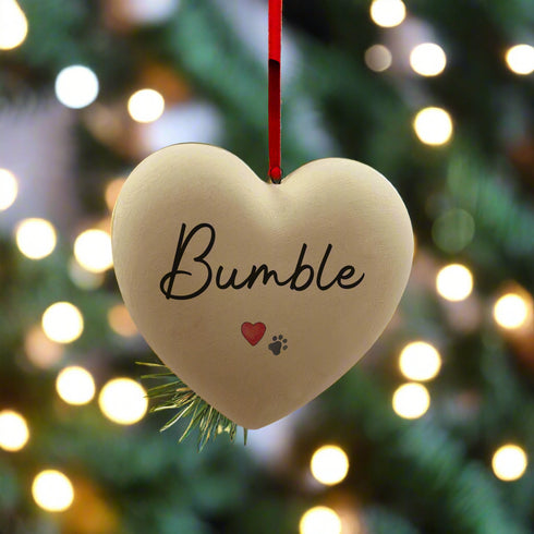 A Personalised Paw Print and Heart  CAT Ceramic Heart Bauble